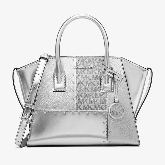 NWT $598 Michael Kors Avril Metallic Studded Patchwork & Signature Logo Satchel - Picture 5 of 8